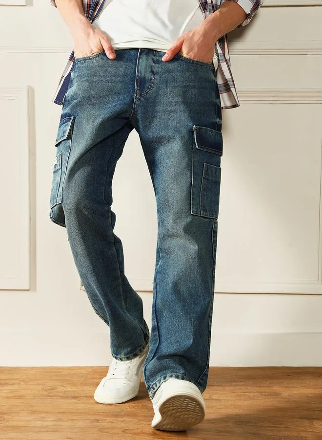 Dennis Lingo Men Relaxed Fit Light Fade Cargo Jeans